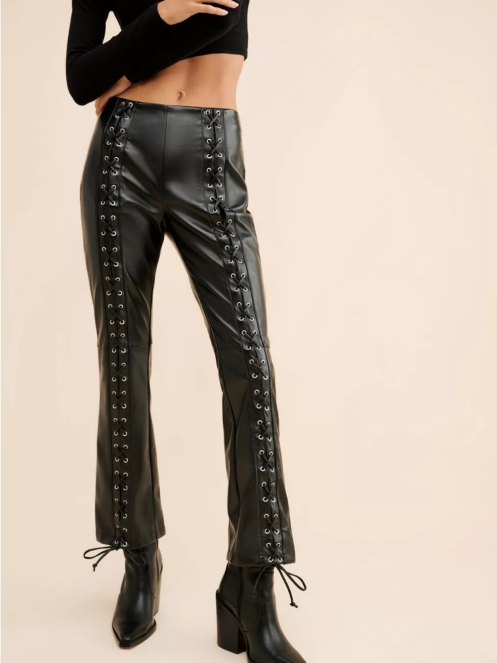 Glamorous Vegan Leather Lace Up Trousers Black